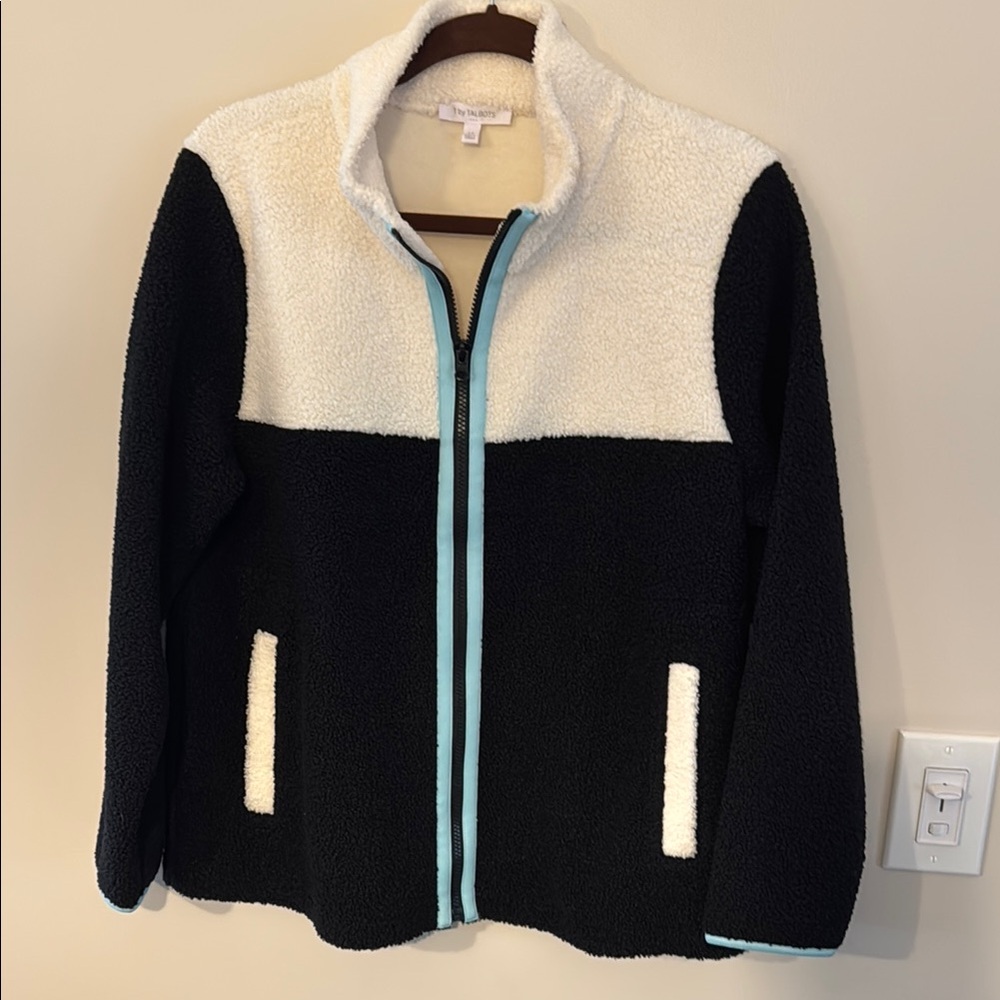 Talbots
Black and White Sherpa Jacket with Blue Trim
